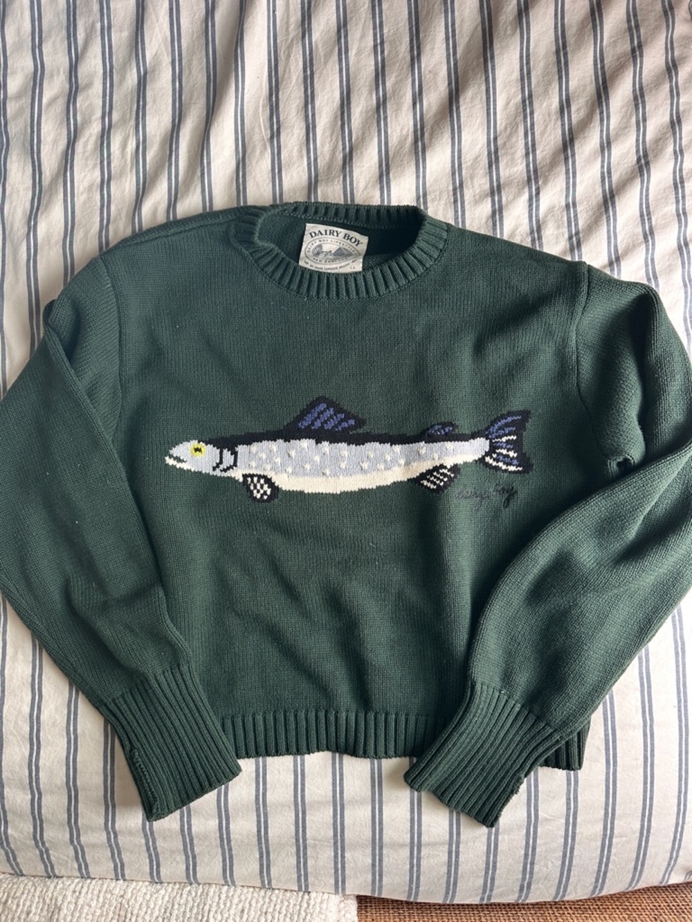 Dairy Boy Fisherman’s Daughter Forest Green Fish Crewneck Sweater 100% Cotton
